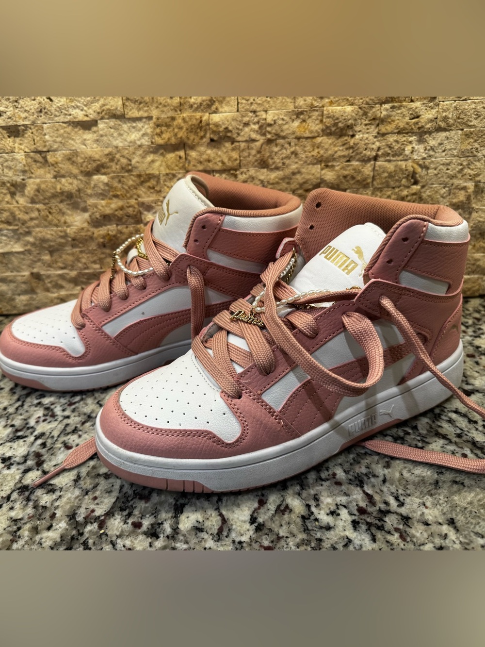 PUMA women’s size 9 Pink and White High-Top Sneakers with bling